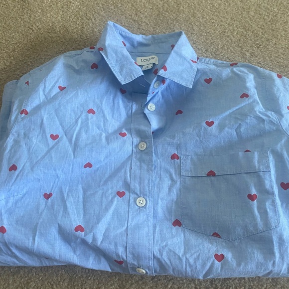 J. Crew Blue and Red Casual Button Down Shirt cute red hearts portofino style - Picture 5 of 8